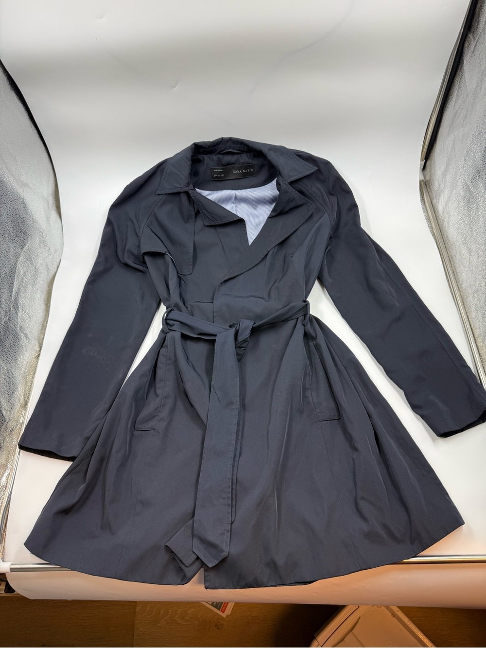 Zara Basic Navy Dark Blue Belted Trench Coat Size Lg